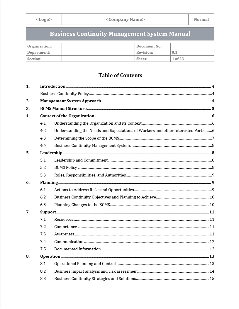 ISO 22301 Documentation Toolkit