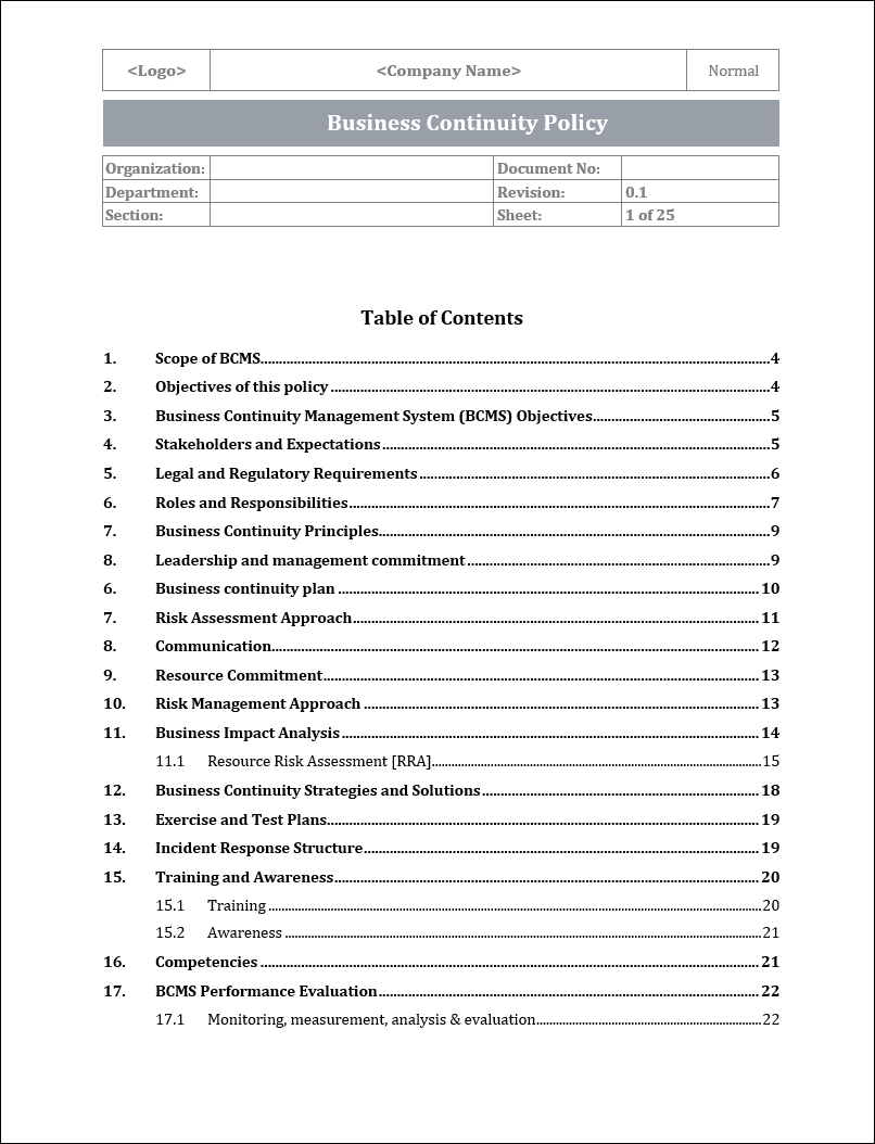 ISO 22301 Documentation Toolkit