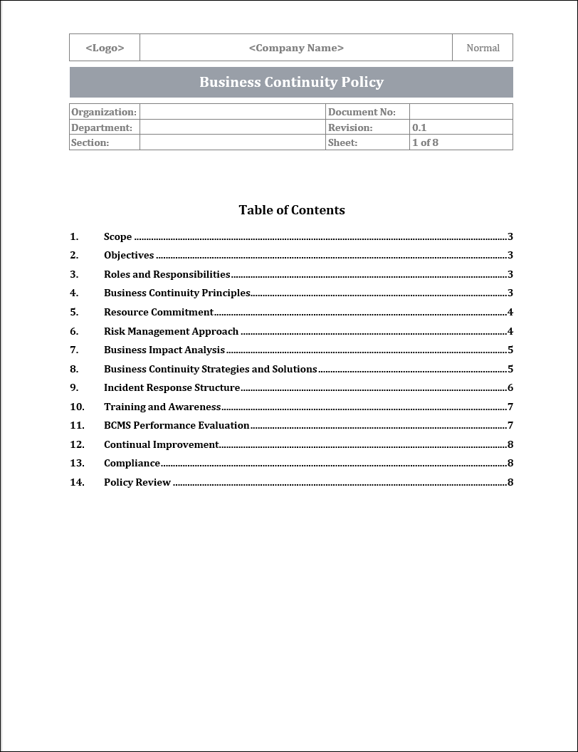 ISO 22301 Documentation Toolkit