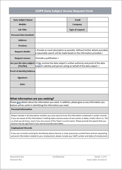 GDPR Data Subject Access Request Form Template