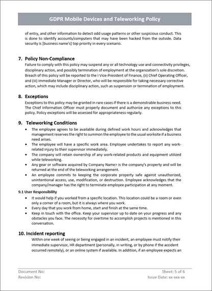 GDPR Mobile Devices and Teleworking Policy Template